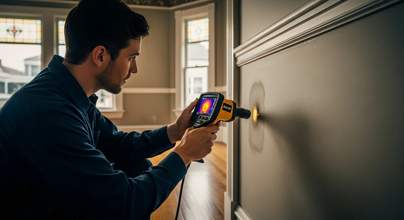 Technician aiming a thermal imaging camera at a water stain on a plaster wall