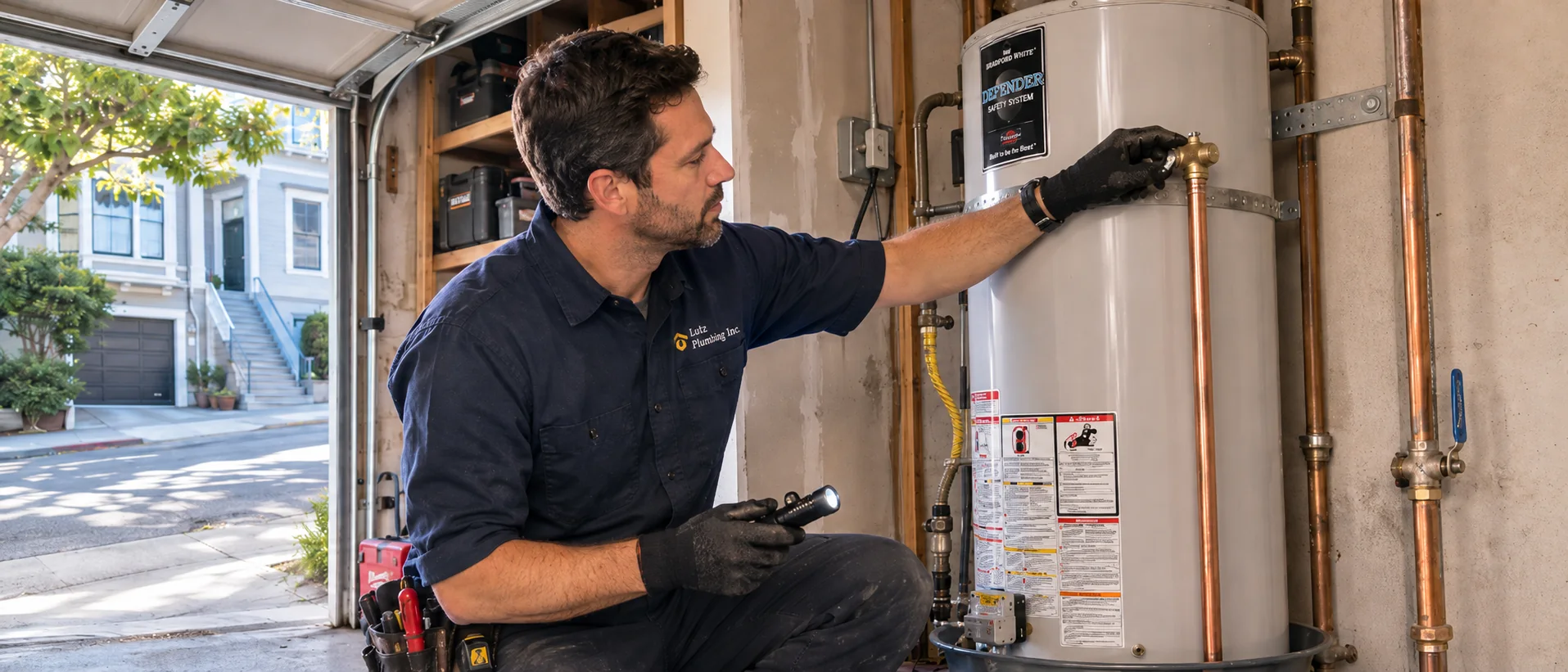 Lutz Plumbing technician inspecting a residential water heater in a San Francisco garage